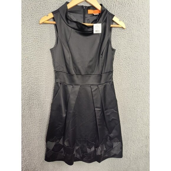 Cynthia Steffe NEW Black Pleats Applique Sheath Shine Dress Women's Size 2 - Picture 1 of 10